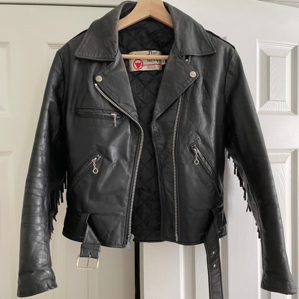 Vintage black belted fringe REAL leather moto jacket